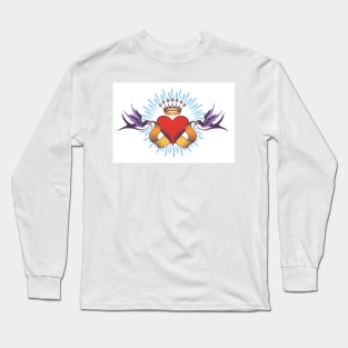 Heart with Ribbon and Swallows Tattoo isolated on white Long Sleeve T-Shirt